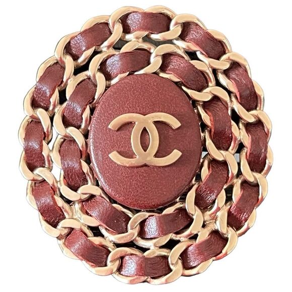Chanel Burgundy Leather And Chain Brooch - Picture 2 of 6